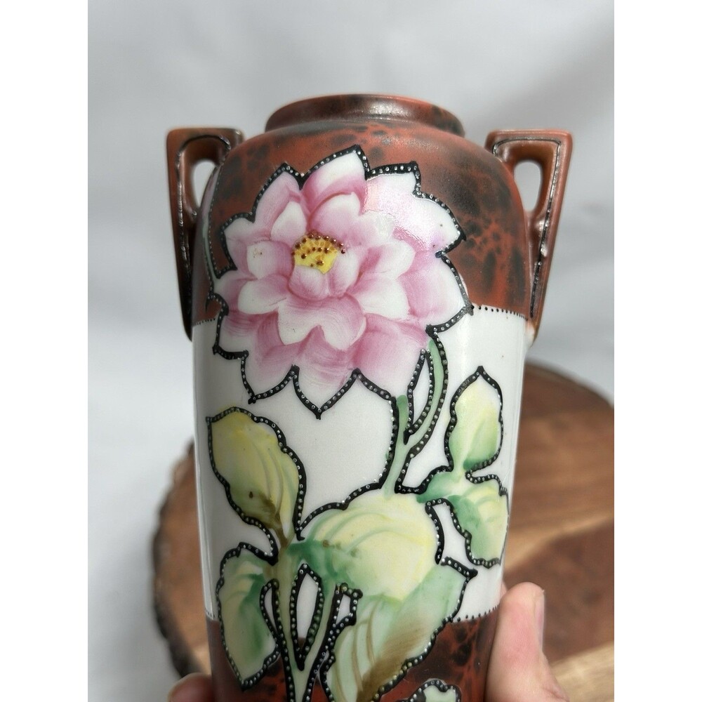 Nippon Japan Marked Hand Painted Handled Vase Heavy Gold Vintage